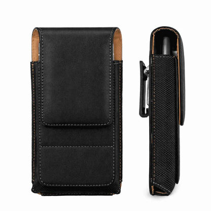 Etui de telephone ou de traducteur premium en cuir et nylon, avec clip de ceinture, vue de face et de côté.