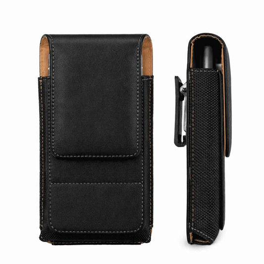 Etui de telephone ou de traducteur premium en cuir et nylon, avec clip de ceinture, vue de face et de côté.