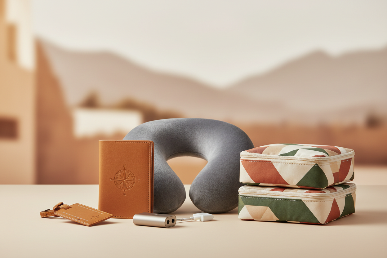 Génère moi une image pour ma collection accessoires de voyage il faut que sa sois une banner pas trop grande qui respecte ce style : ads , pro , qui donne envie , sans texte 